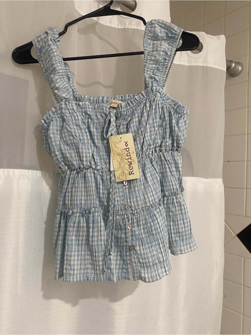 Light Blue Gingham Smocked Tank with Buttons